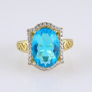 R644  RING - ANILLO - Zircon Stone - 14K Real Color - Blue Aqua