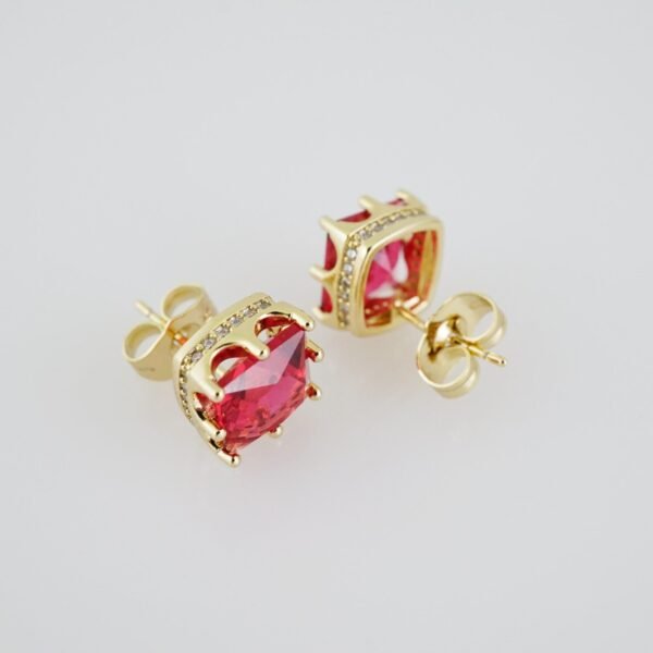 E1926 Earrings - Aretes - Zircon Stone - 14K Real Color - Red - Image 2