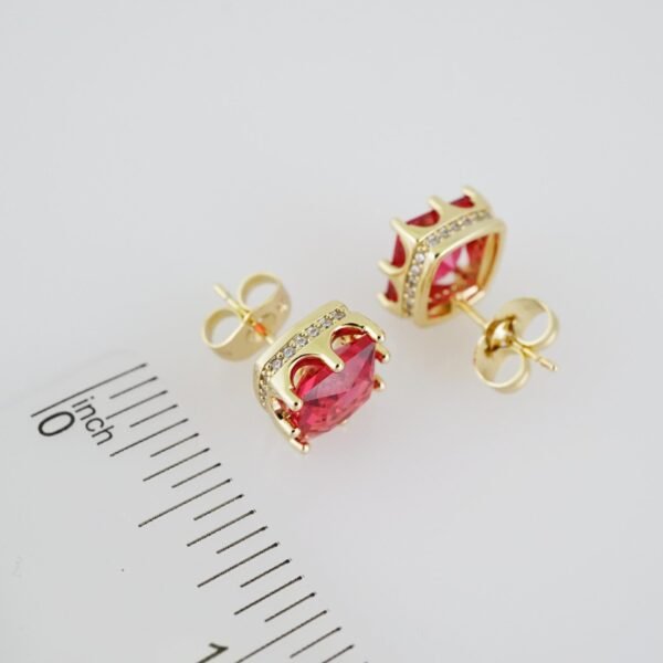 E1926 Earrings - Aretes - Zircon Stone - 14K Real Color - Red - Image 3